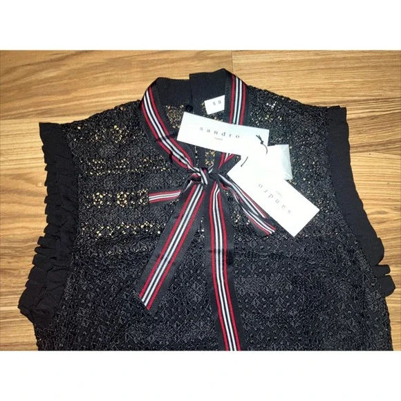 Sandro Dress Fidele Tie Neck Lace Mini Dress Line Black‎ Size 1 Small - Picture 2 of 9